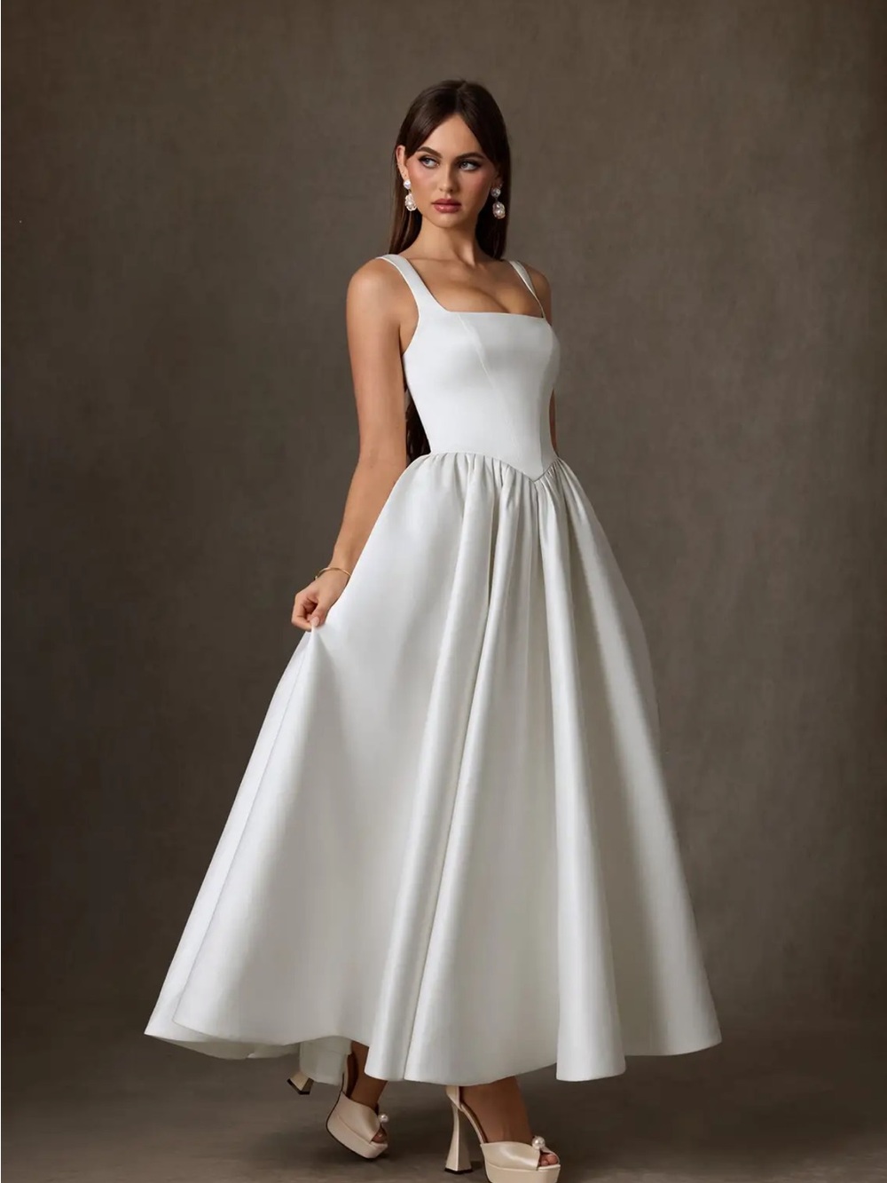 NWT Azazie White Square-Neck Midi A-Line Dress WD16